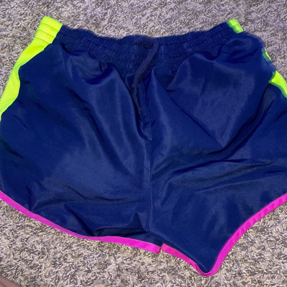 navy, neon yellow and purple athletic shorts